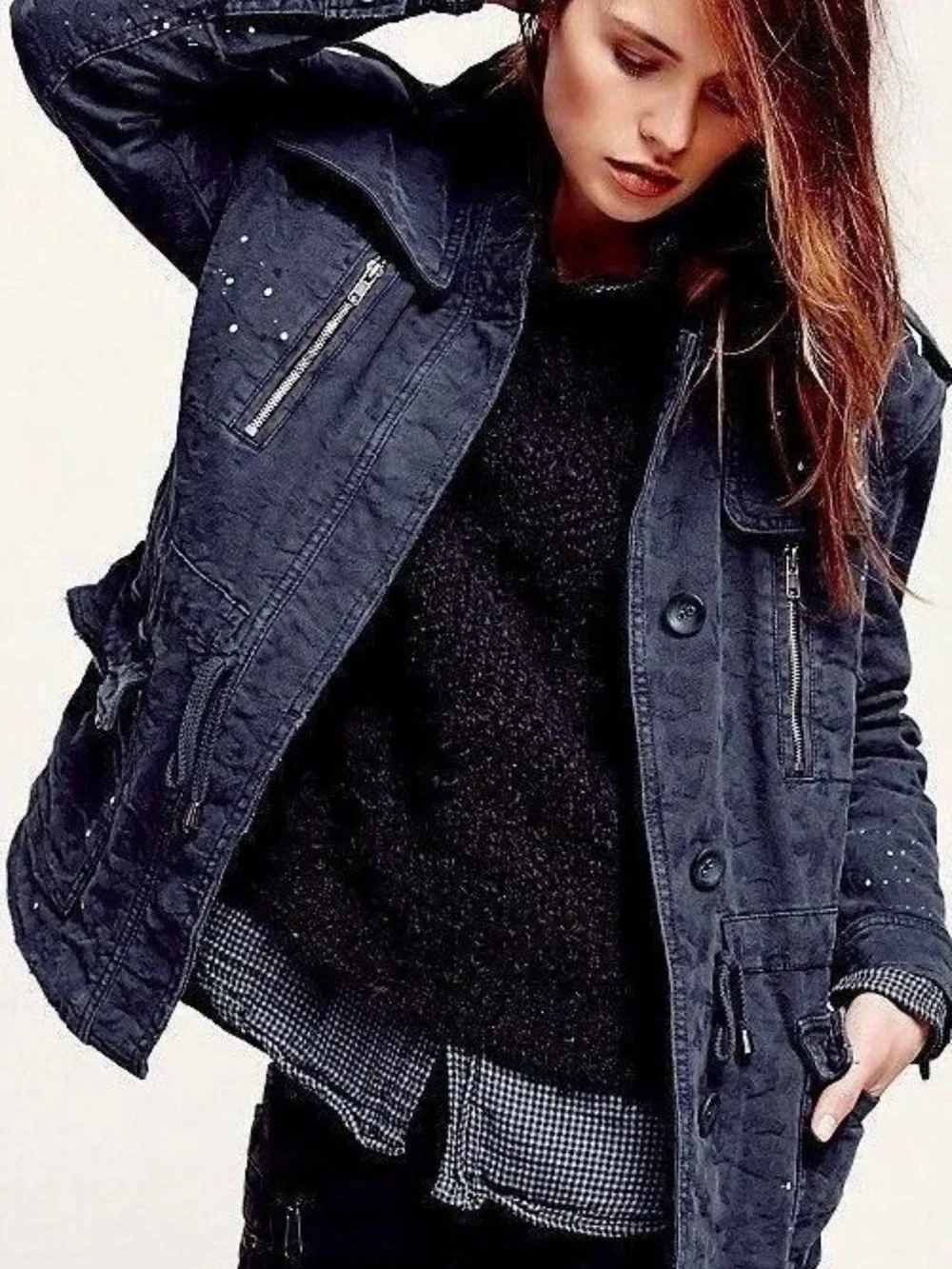 Free People Navy Blue Utility Military Jacket with Cargo Drawstring Small